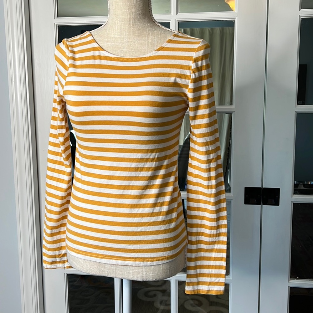 SHE + SKY yellow/white stripe fitted long sleeve top, size S